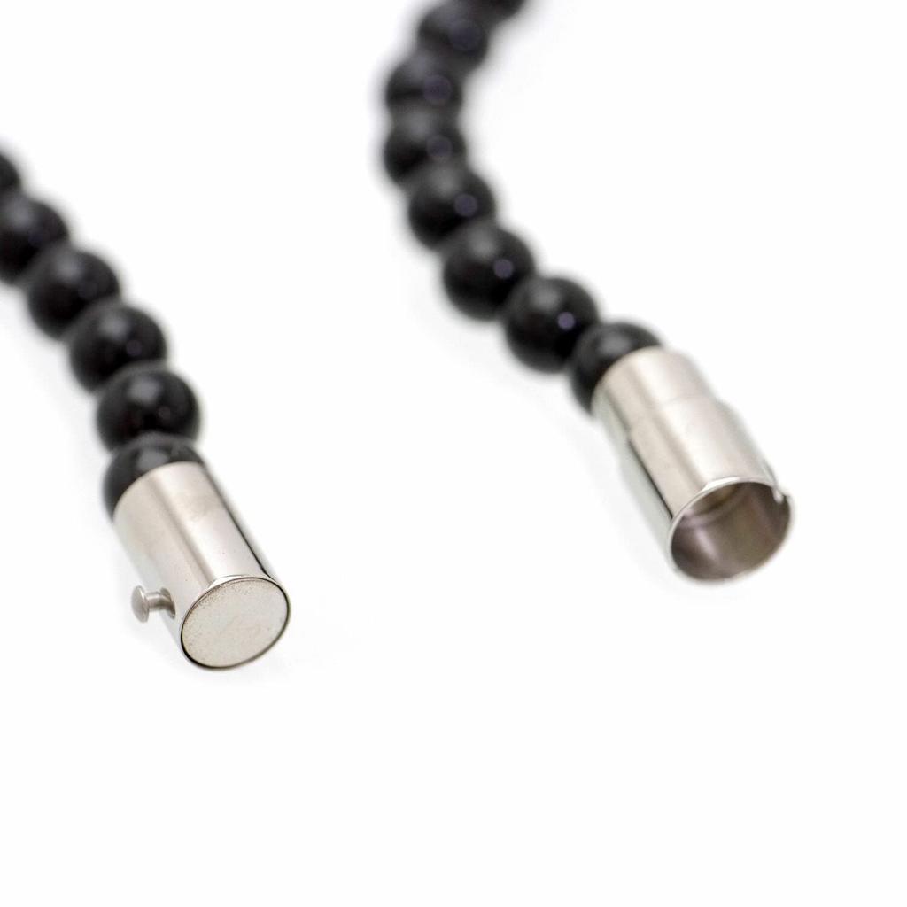 Flare Black Bead Necklace for Men ra Onyx Stainless Steel Magnetic Closure [Silver One] [Length 45cm]