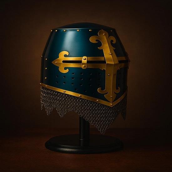 Medieval Great Helmet with Chainmail Knight Crusader Armor Renaissance Fair, Cosplay LARP Costume