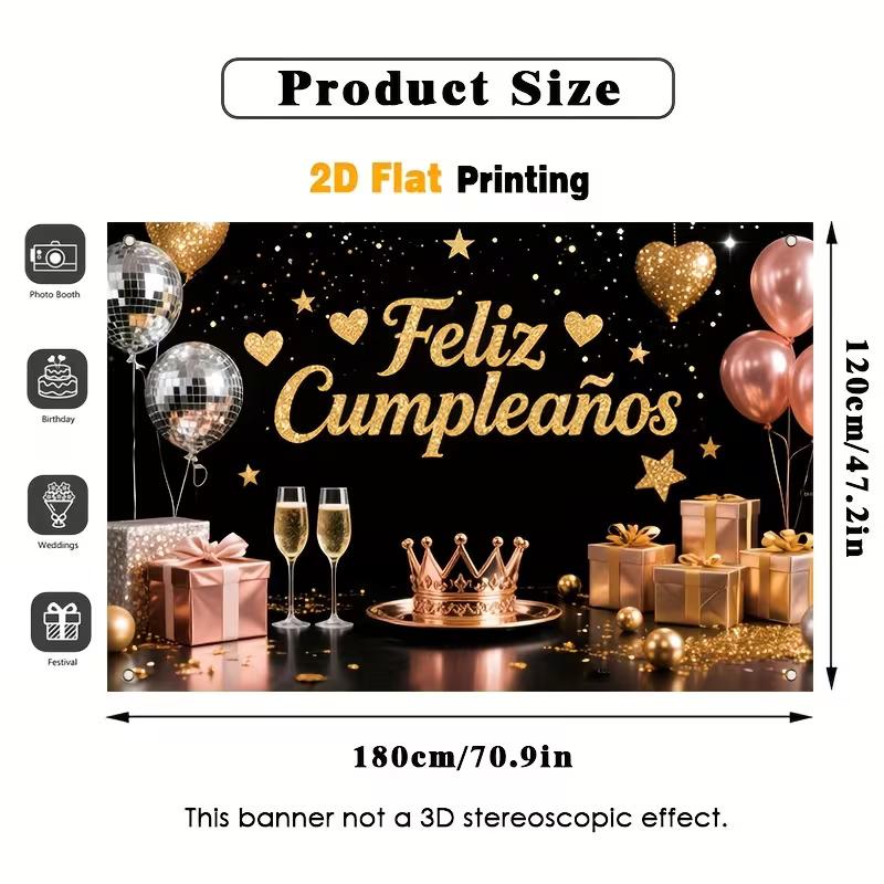 Розово-золотой гобелен «Feliz Cumpleaños» (С Днем Рождения), 2D-печать с диско-шарами, шампанским и короной для фотозоны