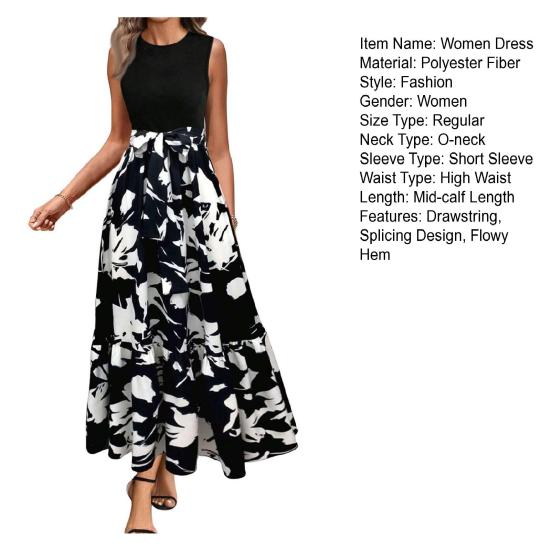 Женское летнее платье с круглым вырезом и коротким рукавом, с принтом и дизайном стыков, платье миди со струящимся подолом, пляжное вечернее платье