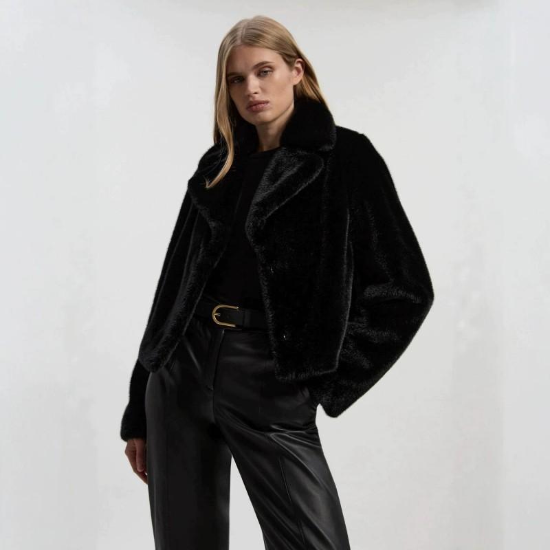 Womens Short Faux Fur Blazer Oversized Warm Plush Jacket Lapel Casual Outerwear