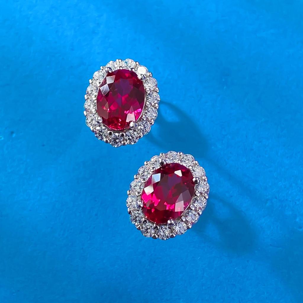 Xiancan Jewelry Серьги-пусеты из серебра S925 с овальным красным корундом - Модный повседневный универсальный стиль