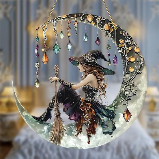 Halloween Moon Witch Hanging Decoration Stained Glass 2D Flat Acrylic Faux Crystal Pendant Witch Suncatcher Wall Window Hanging Sign Ornament