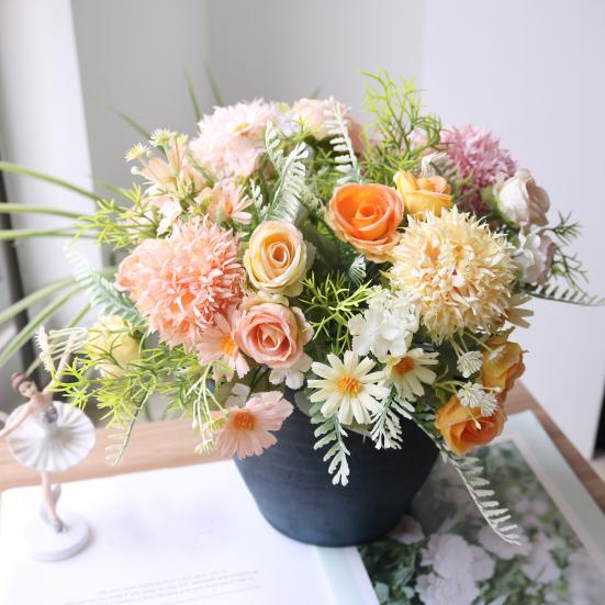 Artificial Flowers High Simulation Silk Petals Real Touch Adjustable Iron Wire Stems Mixed Roses Hydrangeas Daisies Maintenance-Free Home Decor Gifts