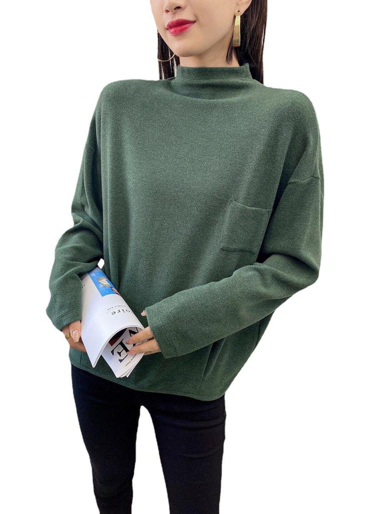 Plush Velvet Korean Loose Half Turtleneck Pullover with Pocket for Autumn and Winter