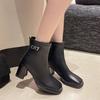 2024 Осень и Зима Новые Ботинки в Британском Стиле с Квадратным Носком Модные на Толстом Каблуке с Женской Задней Молнией