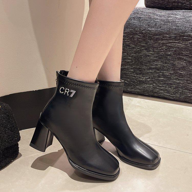 2024 Осень и Зима Новые Ботинки в Британском Стиле с Квадратным Носком Модные на Толстом Каблуке с Женской Задней Молнией