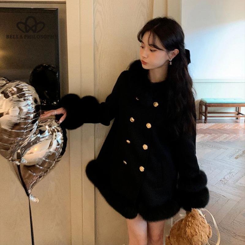 Fall and Winter New Court Style Imitation Fox Hair Splicing Double-breasted Celebrity Thickened Tweed Coat Jacket