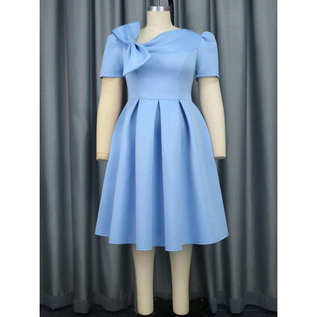 Fashion Women Elegant Short Sleeves Bow Pleat Bride Bridesmaids Wedding Midi Long Dress Party Gowns