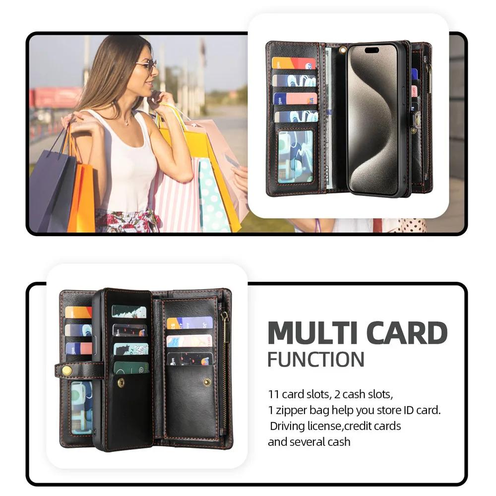2 in 1 Detachable Cards Solt Zipper Purse Wallet Case For iPhone 16 Pro Max 15 14 Plus 13 12 11 XS X Magnetic Flip Leather Case