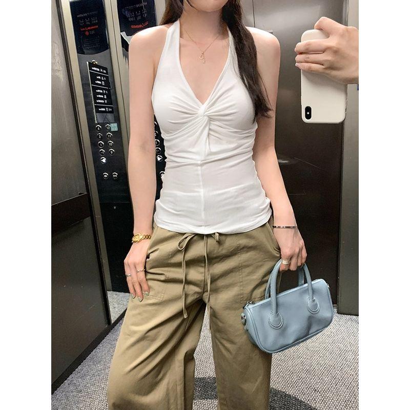 Kumikumi Gyaru Style White Kinked Hanging Neck Cami Women Summer Sexy Chic Slimming Backless Top