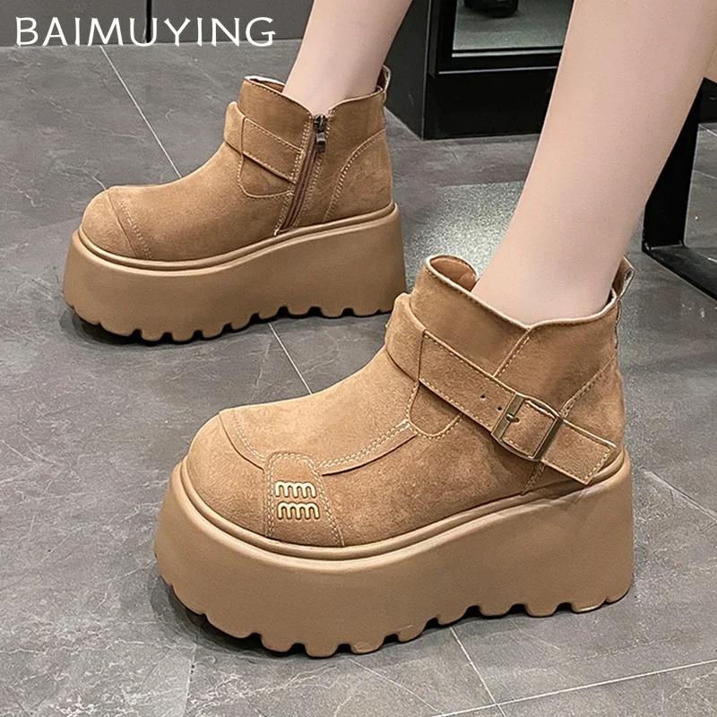 Ботильоны женские на платформе из меха, замшевые туфли на плоской подошве, модная женская обувь 2025 года, трендовая зимняя дизайнерская обувь для ходьбы, теплая повседневная женская обувь для снега