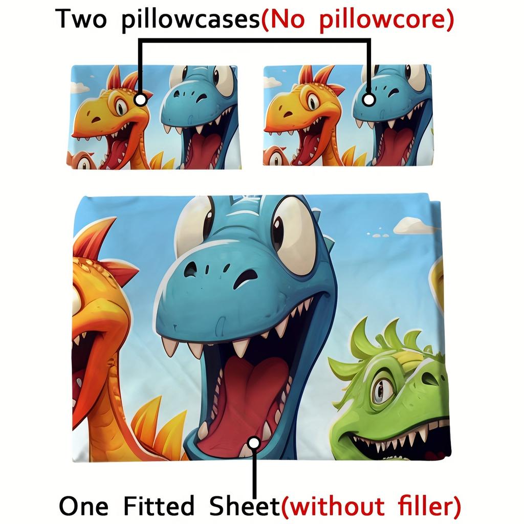 2/3pcs Cute Cartoon Dinosaur 3D Fitted Sheet Set Brushed Digital Printing Fitted Sheet Pillowcase Set (1 Fitted Sheet + 1/2