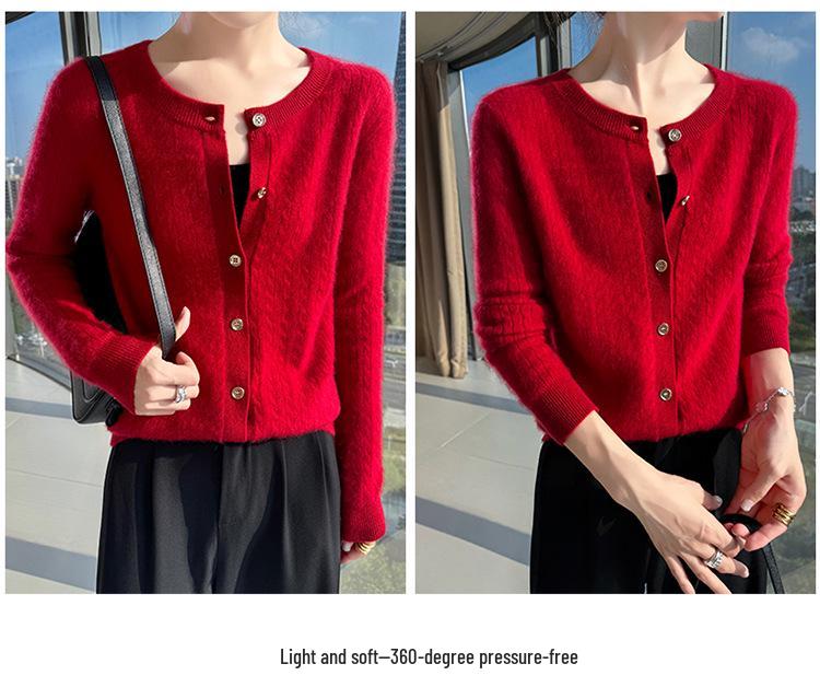 2026 Autumn/Winter Women's Soft Chunky Cable Knit Wool Cardigan Sweater - Round Neck Solid Color Top