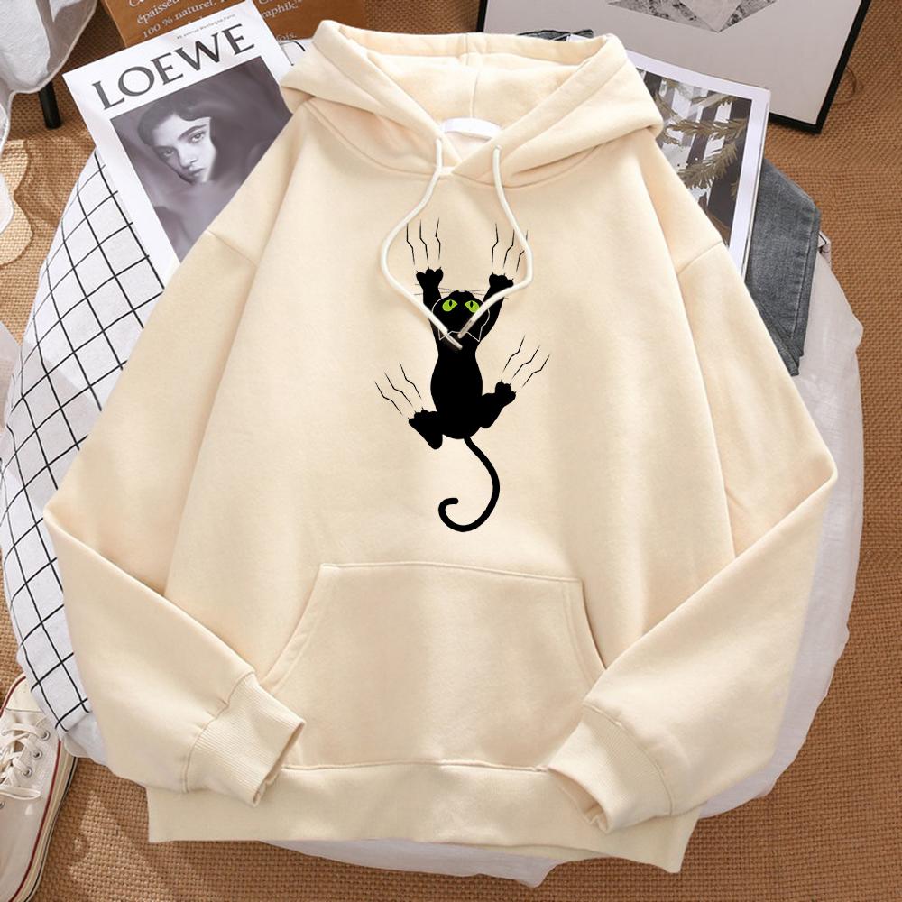 Naughty Black Cat Print Women's Hooded Hip-hop Comfortable Sweatshirt Cartoon Soft Hooded Harajuku Sportswear