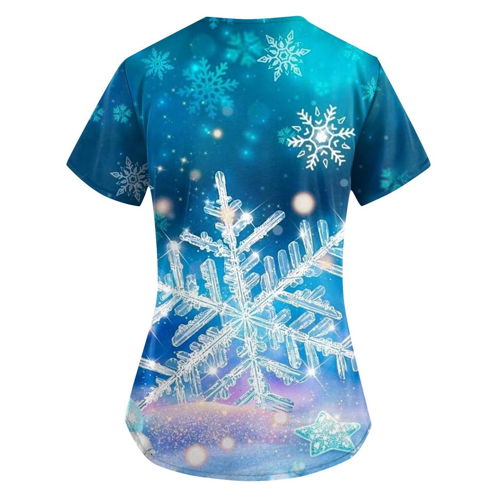 Women's Fashion V-neck Short Sleeve Workwear With Pockets Christmas Printed Tops