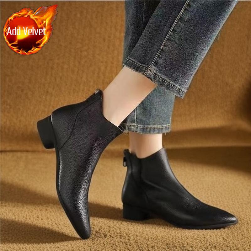 Elegant with Low Heels Fleece-Lined Ankle Boots for Women Autumn Winter Pointed Toe Leather Woman Short Shoes Trend 2025 Booties