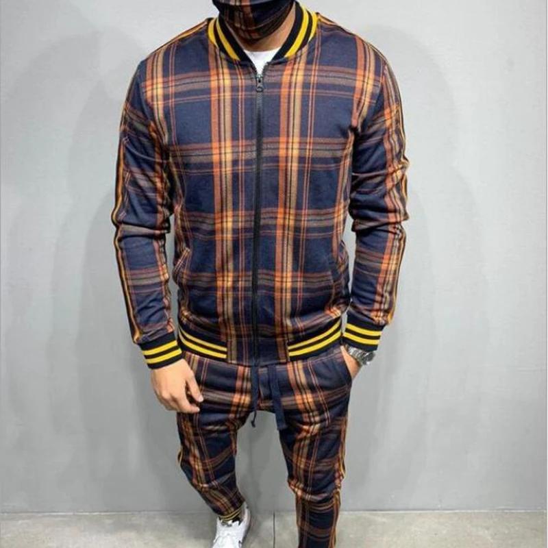 Men' 3D Plaid Sports Suit Gentlemen Sets Jacket Man Set Tracksuit Fitness Fashion Zipper 2 Pieces Men's Sets Sportswear Suit Men
