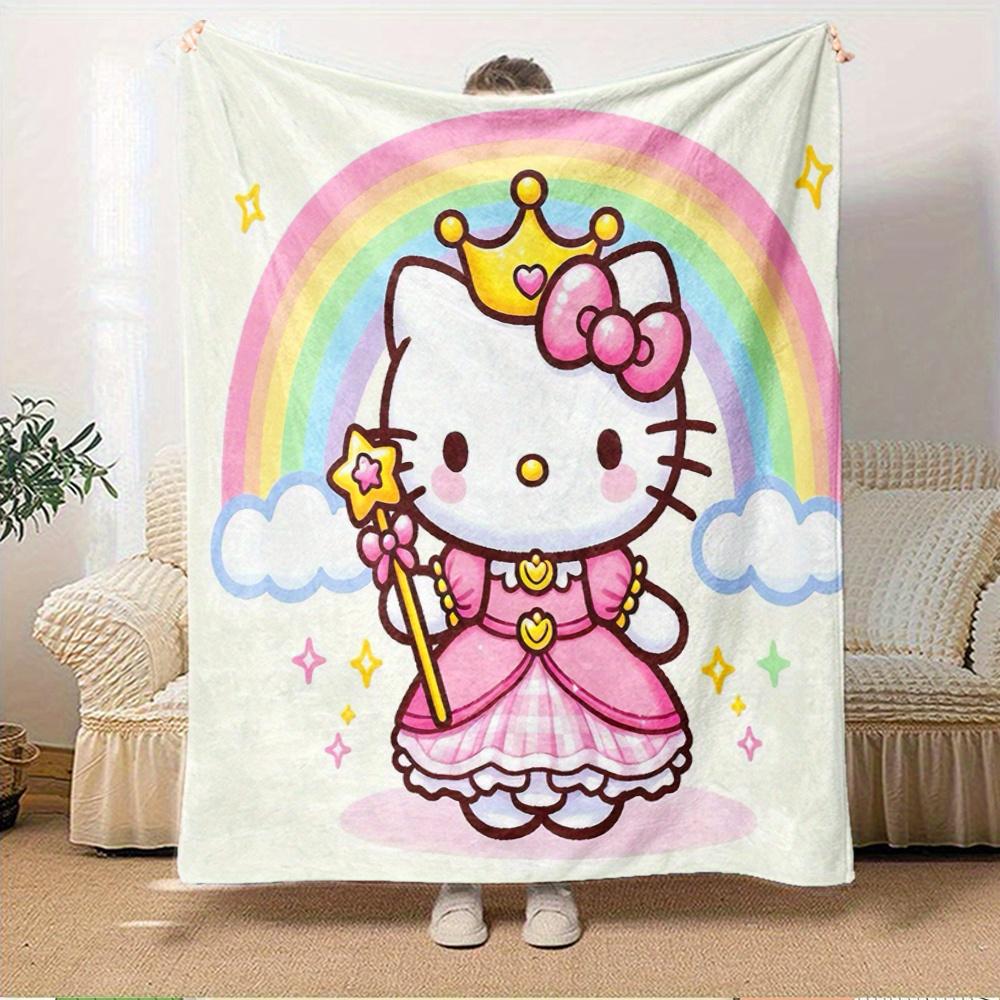 For Princess, Rainbow, HelloKittyAnime-Themed Flannel Blanket, Glam Style, Digital Print, All-Season Comfort, Tear-Resistant, Knitted Crafts
