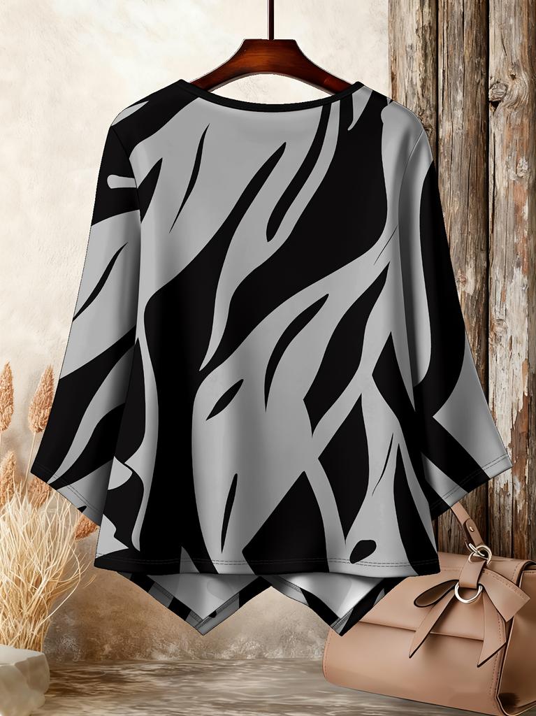 Fashionable new plus-size crew neck T-shirt, elegant geometric patterned striped color-block print casual comfortable T-shirt