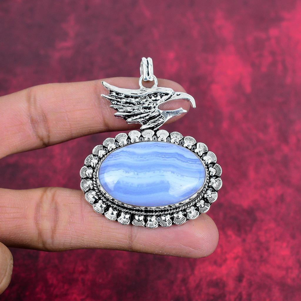 Подвеска из голубого кружевного агата, драгоценный камень ручной работы, 925 пробы, серебряный кулон, антикварная бижутерия, кулон для подарка на помолвку