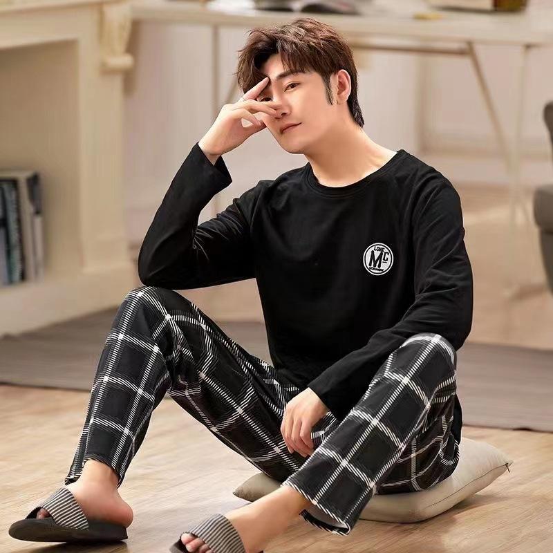 Pajamas Men Autumn Long-Sleeved Cotton Autumn and Winter Can Be Worn Outside The Casual Large Size Loose Grey Striped Homewear