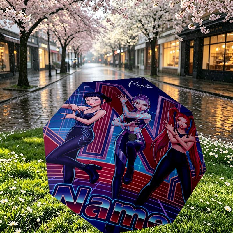 Custom Name Personalized Kpop Demon Hunter Print Umbrella, Auto Open Close, 8‑Rib Sturdy Frame, Commute Camping Hiking Use, Birthday Gift