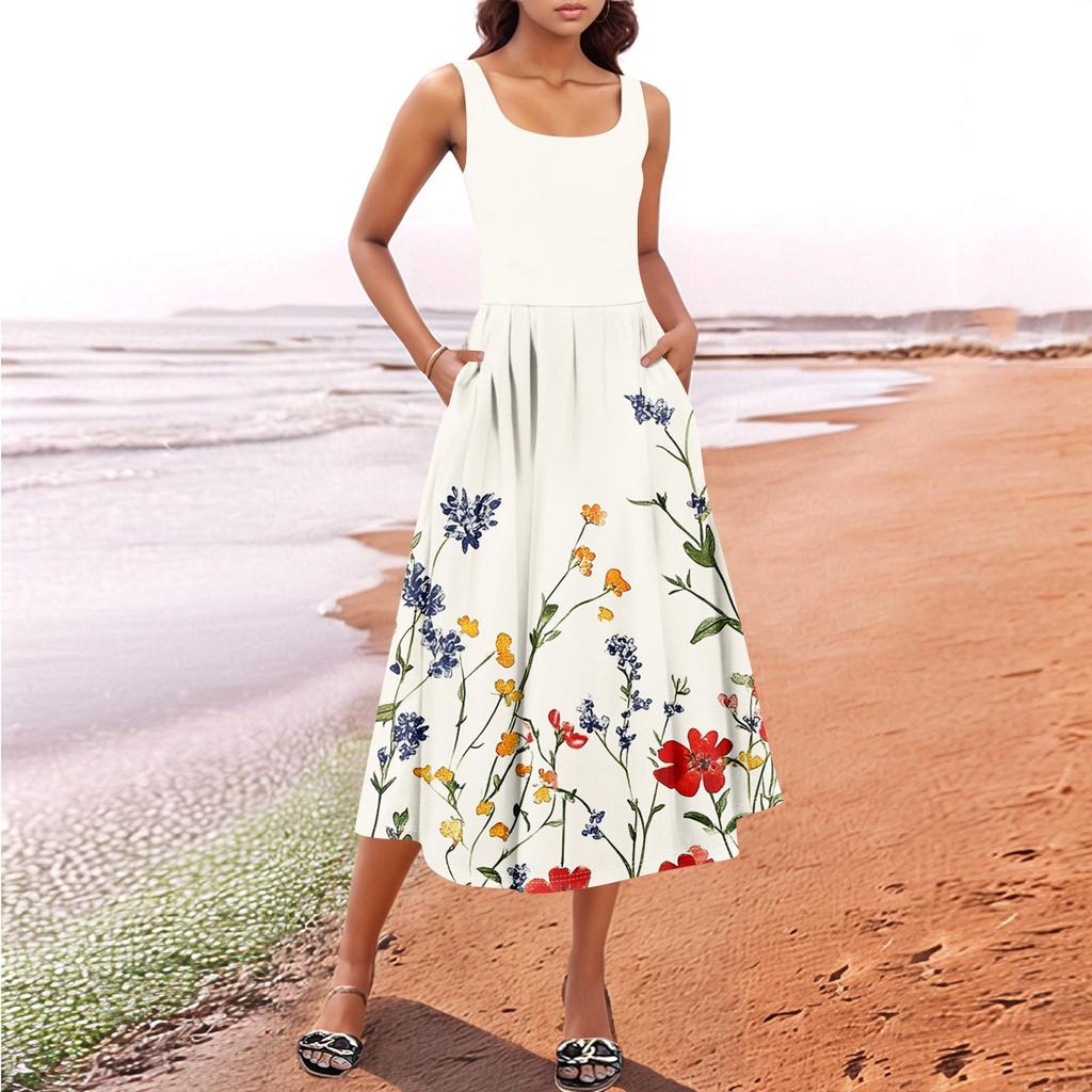 Women's Summer Spring Casual Floral Sundress Sleeveless Beach Vacation Flowy Boho Tank Midi Dresses