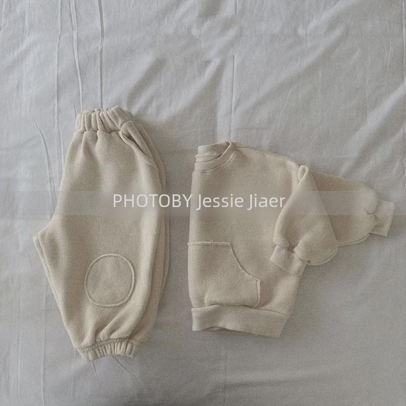 Детский зимний флисовый костюм-двойка в корейском стиле: Стильный лоскутный свитер и повседневные брюки