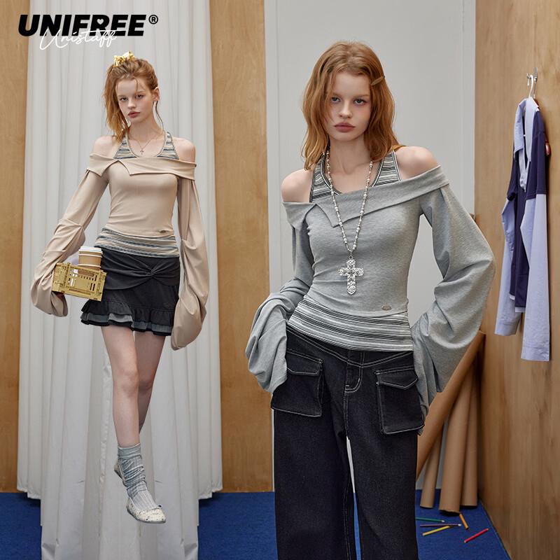 unifree Женская корейская футболка с открытыми плечами, имитация двойки