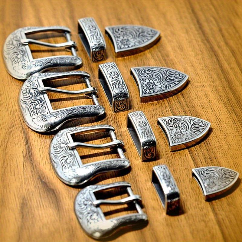 Style Silver Plated Metal Belt Buckle for Men Vintage Embossed Three Piece Pin Buckles DIY Leather Craft Buckle 3pcs/set