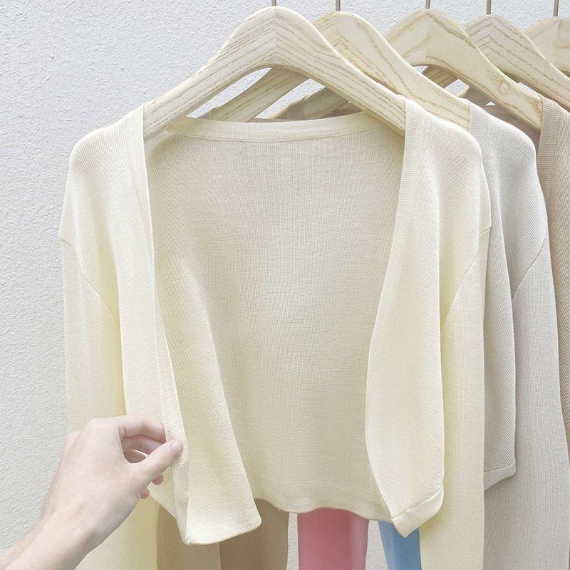 Летний тонкий шелковый вязаный кардиган для женщин, осенний длинный рукав, солнцезащитный кардиган, женская однотонная повседневная шаль, женский трикотаж, топы 24610