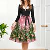 Women's Fashion Round Casual Slim Fit Christmas Print Large Swing Long Sleeve Dress