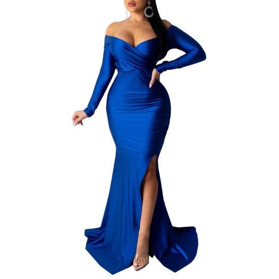 Женское вечернее платье с V-образным вырезом, открытыми плечами, боковыми разрезами, длиной до пола, длинными рукавами, плиссированное, облегающее