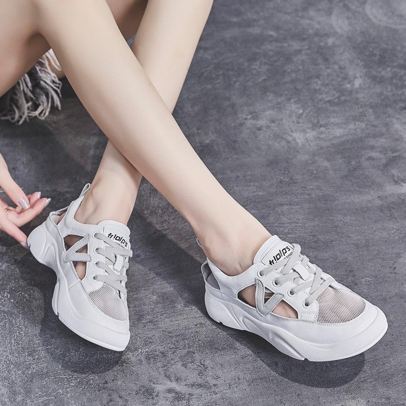 Summer Shoes Women Fashion Sneakers Genuine Leather White Shoes Flat Thick Sole Brand Breathable Mesh