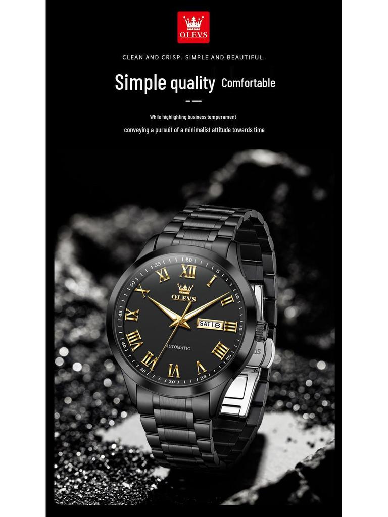 Мужские римские минималистичные автоматические механические часы Olevs с двойным календарем