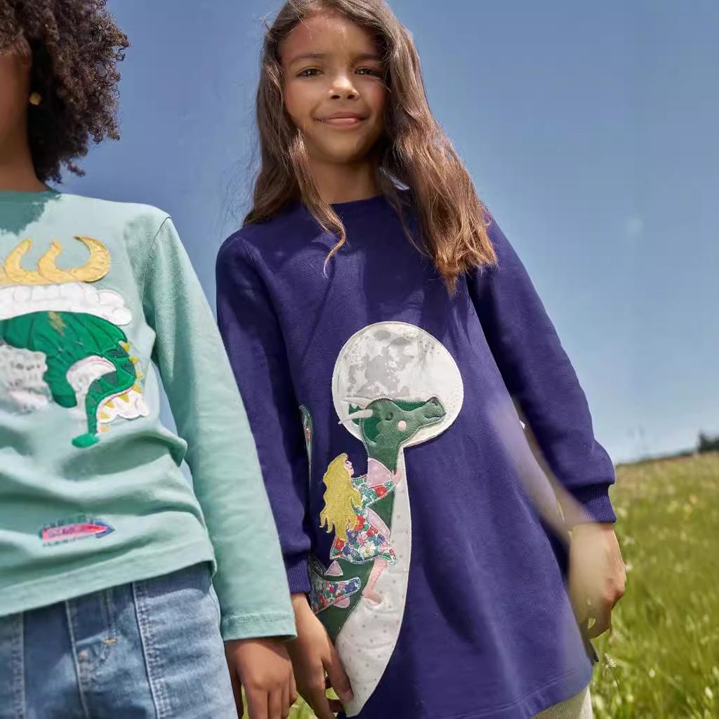 2024 Осень Новое Платье Для Девочек С Длинным Рукавом Осеннее Платье Принцессы с Динозавром Детская Юбка Весна И Осень