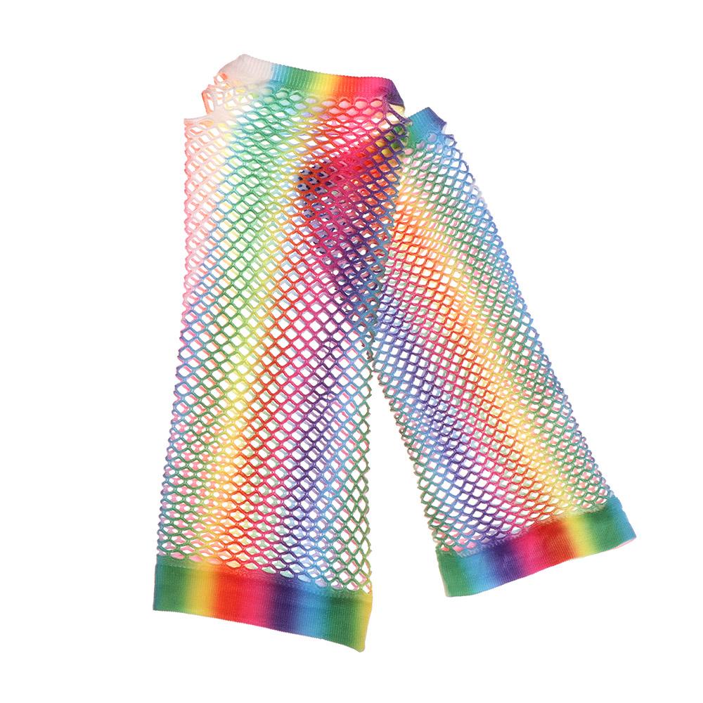 Fashion Wedding Party Colorful Disco Dance Hollow Out Holes Gloves Fingerless Mesh Net Rainbow