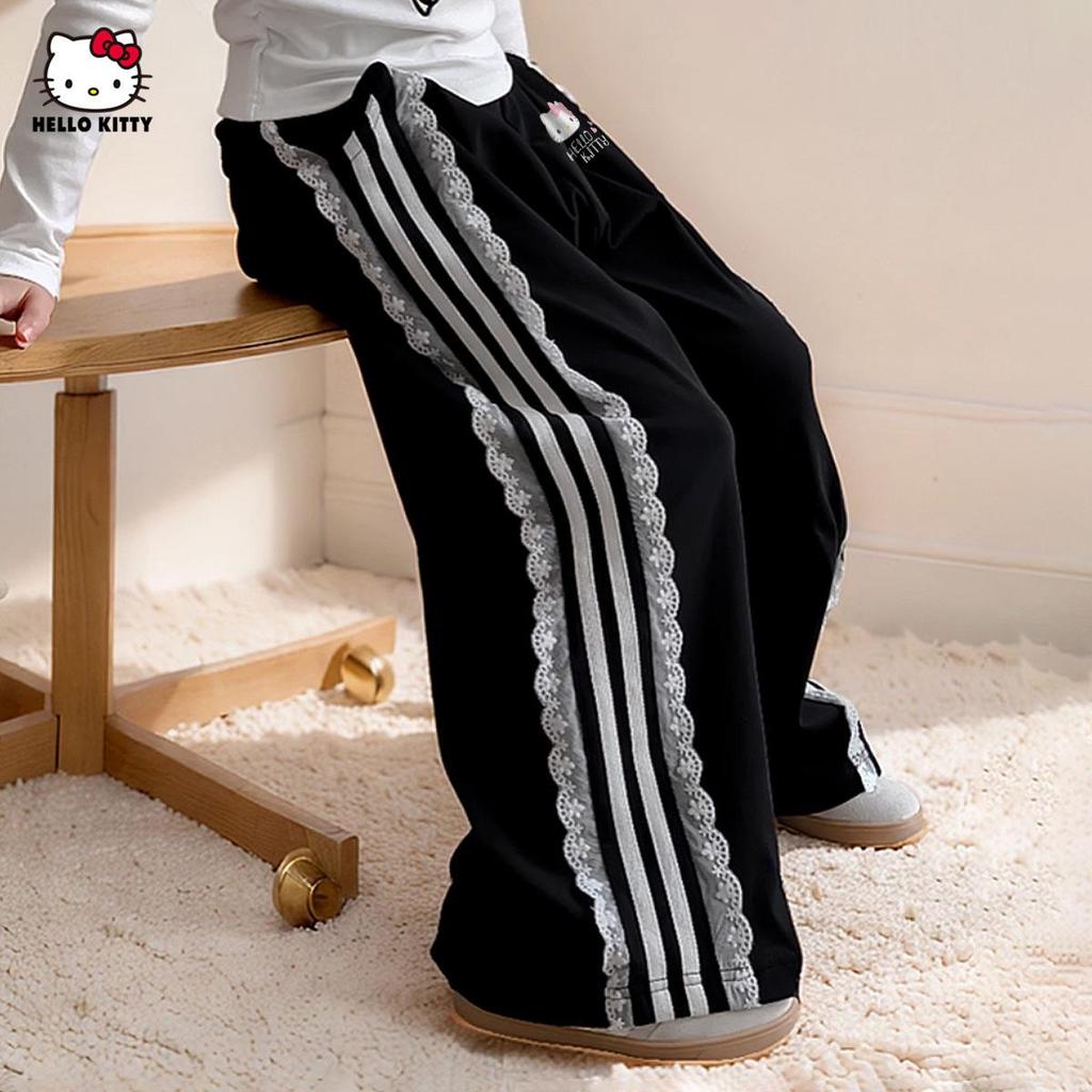 Широкие спортивные штаны для девочек Hello Kitty 2026: Кружевная вставка, Универсальная повседневная одежда для детей среднего и большого возраста