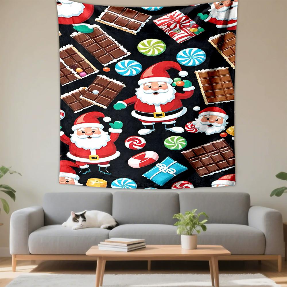 Vertical Tapestry Retro Santa Chocolate Peppermint Candy Black Christmas Pattern Wall Hanging