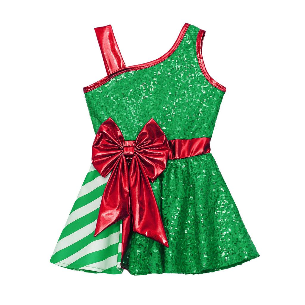 Девочки Блестящий Пайеточный Рождественский Комбинезон Асимметричное Плечо Большой Бант Полосатый Тематический Костюм для Вечеринки