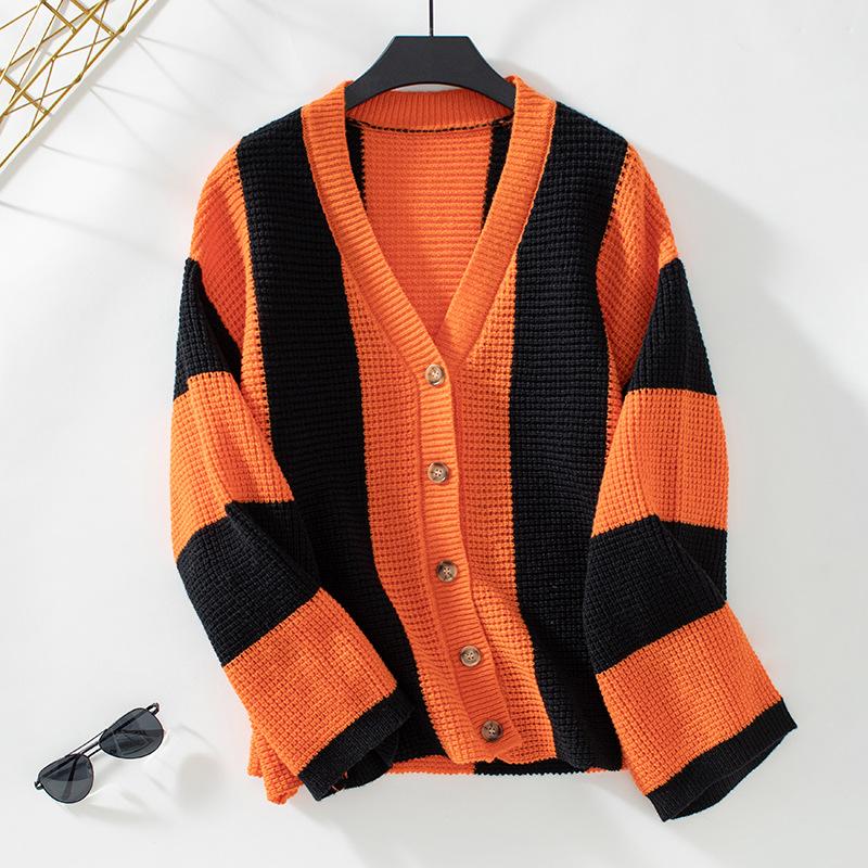 Plus Size Women's Fashion Knitwear Autumn and Winter Striped Clashing Colours Loose Flared Sleeve Sweater Knitted Cardigan