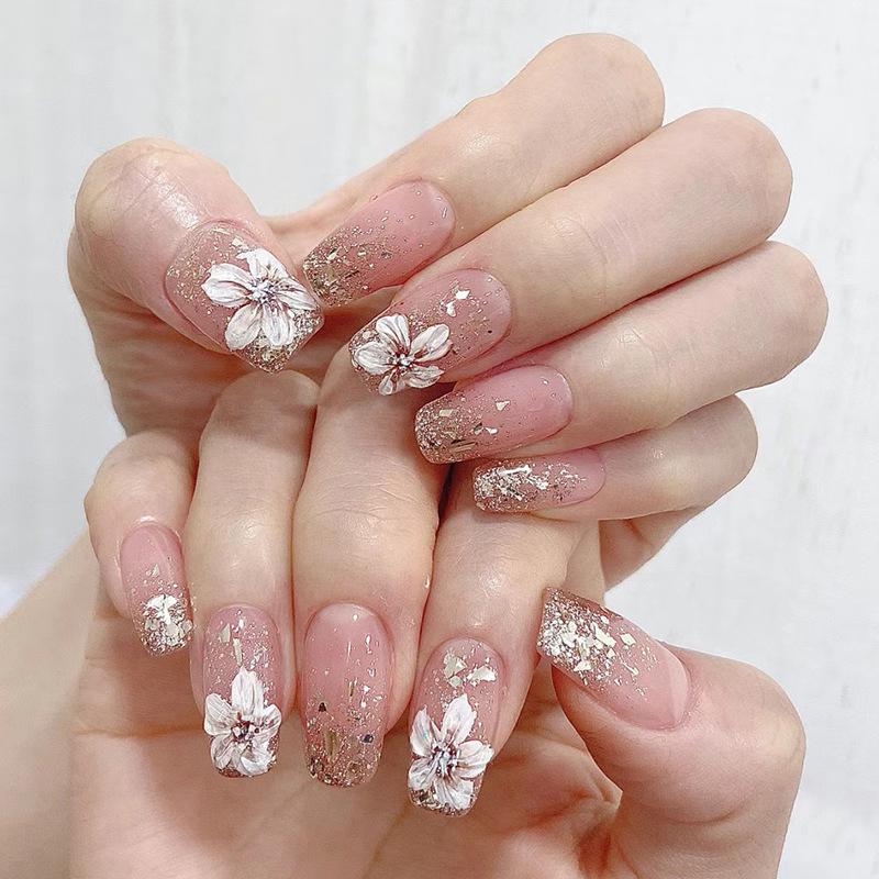 24 Pcs Medium and Long Explosive Retro Natural Camellia Wearable Fake Nails Sweet Girl Special Nail Patch