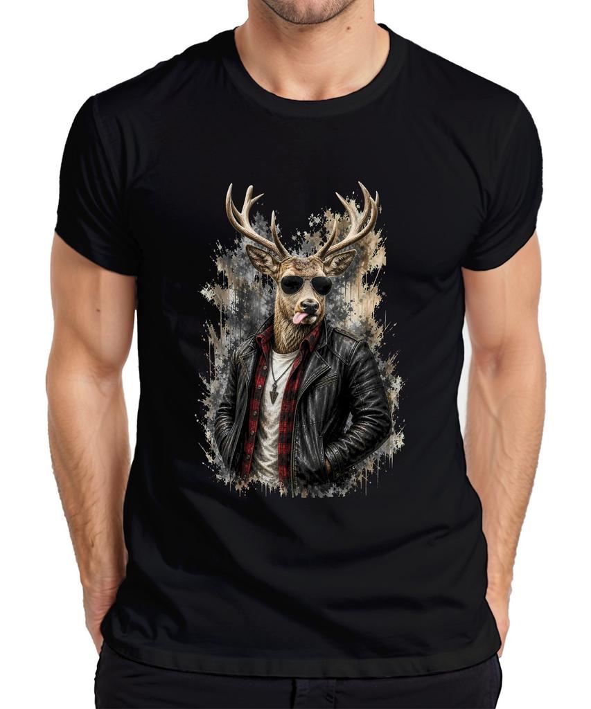 Deer Funny Leather Jacket Sunglasses Biker Rocker Lederhosen Forest Mens T-Shirt