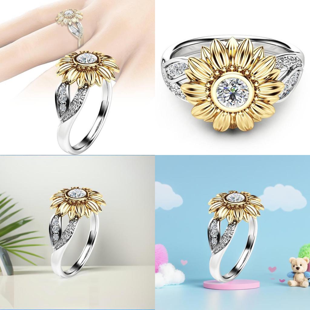 Stylish Copper Sunflower Ring With Gold Plating And Gemstone Inlay For Birthdays