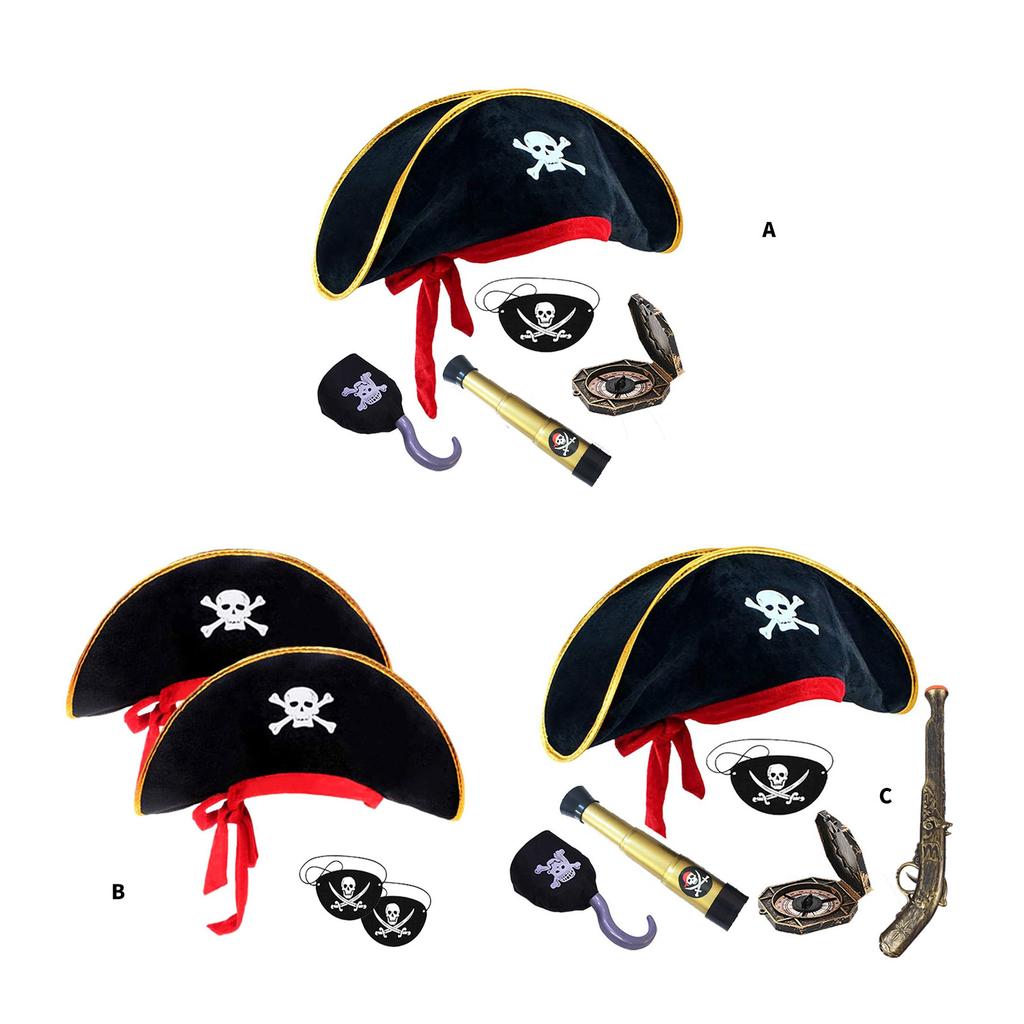 Pirate Compass Skull Print Hat Costume Kits for Treasure Hunt Stylish Role Play Accessories for Halloween Party