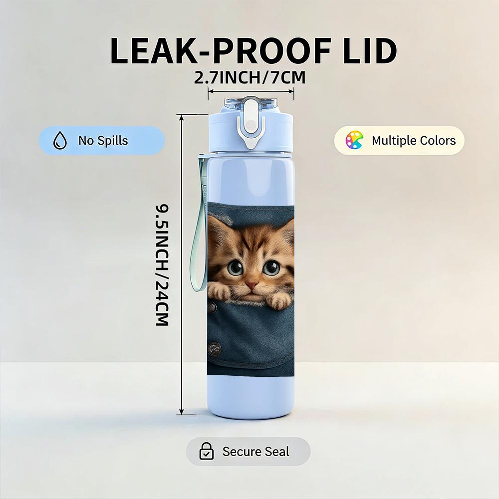 1PC Cat Peeking Canvas Bag 750ml Color Plastic Sports Water Bottle Leakproof Flip Straw Lid For Sports Office Home Use