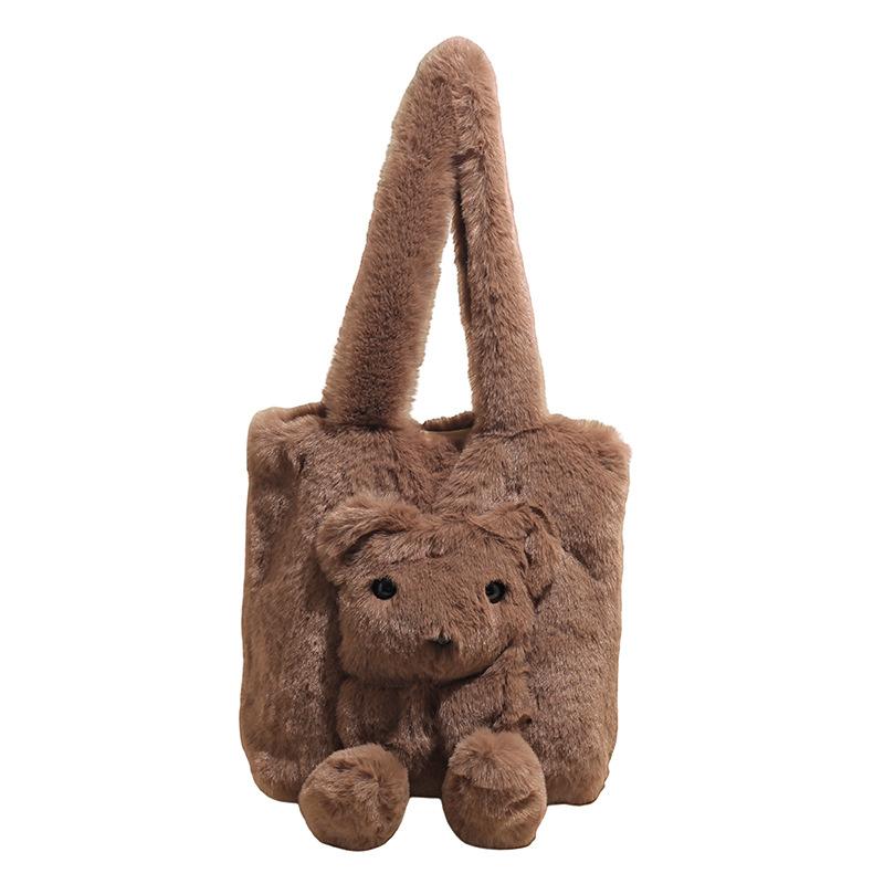 Autumn New Plush Handbag Cute Bear Women's Shoulder Bag High Value Fashionable Plush Simple Bag