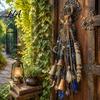 Exotic Bedroom Hanging Ornaments Witch Door Bell Decoration, Boho Sun Catchers, Retro Wind Chime, Pentagram Star Moon Handmade Feather Pendants