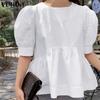 Женские летние однотонные повседневные плиссированные блузки с круглым вырезом и коротким рукавом